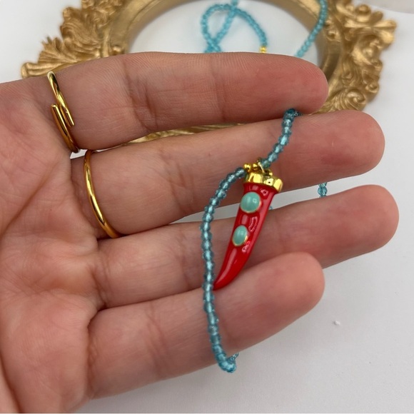 Turquoise Beaded Necklace with Red Horn Charm ✨ - Picture 4 of 6